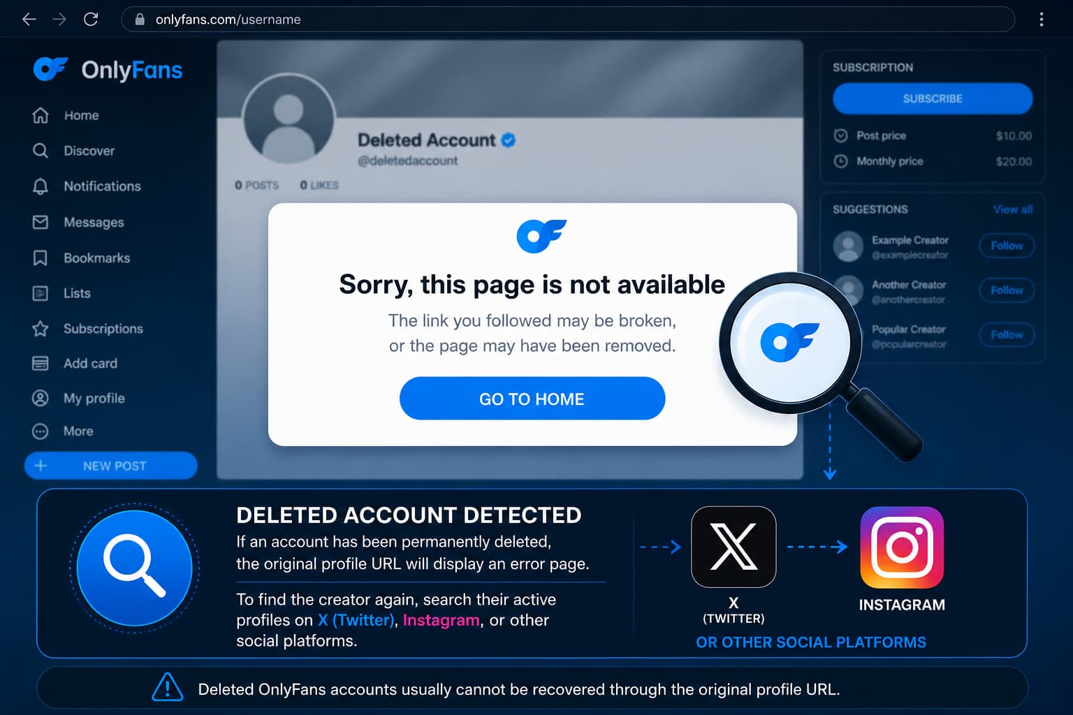 OnlyFans error page when searching for deleted onlyfans accounts